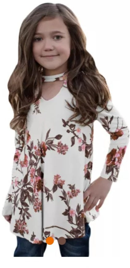 Girls long sleeve floral key hole top