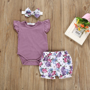 3 pc Baby purple floral short set with handband