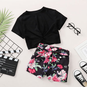 Girls short sleeve black floral crop top set